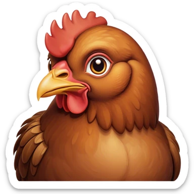 Cinematic Noble Brown Chicken Portrait Emoji, Poised and regal, with a compact, sturdy build and a warm, well-groomed brown plumage, deep-set soulful beady eyes, Simplified yet sharp and sophisticated features, highly detailed, glowing with a soft, dignified glow, high shine, intelligent and earthy, stylized with an air of rustic elegance, focused and attentive, soft glowing outline, capturing the essence of a watchful and confident fowl, so majestic it feels as though it could strut out of the screen with effortless authority! sticker