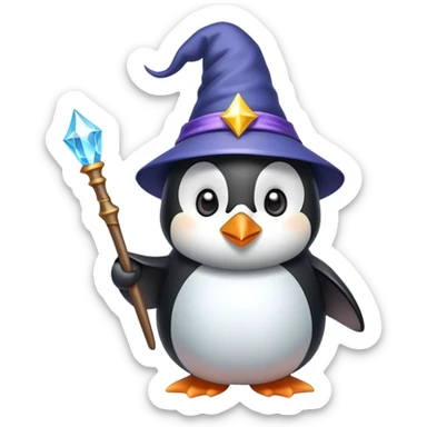 A cute penguin wearing a wizard hat and holding a magic wand sticker