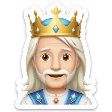 a smiling man with long white hair and has no beard wearing a white smart shirt and a crown sticker
