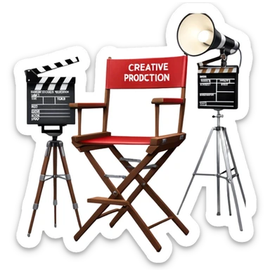 Icon for Directing: a director's chair, a film slate, a megaphone, and a stage set with lights. The icon should represent the creative and leadership aspects of directing, with focus on film and theater production. Transparent background. sticker