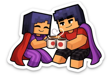Extract both Minecraft-style characters as a couple, sitting together with their mugs, on a transparent background. Keep the original cartoon style and appearance, preserving the Minecraft pixelated look and colors. sticker