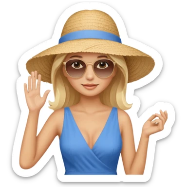 
blonde in light big beach elegant hat holds hat and with second hand holds sunglasses on face sticker
