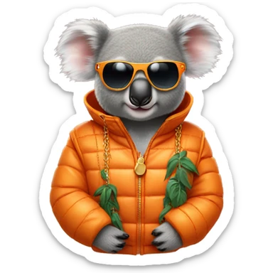 koala wearing an orange puffer vest and sun glasses gold chain sticker