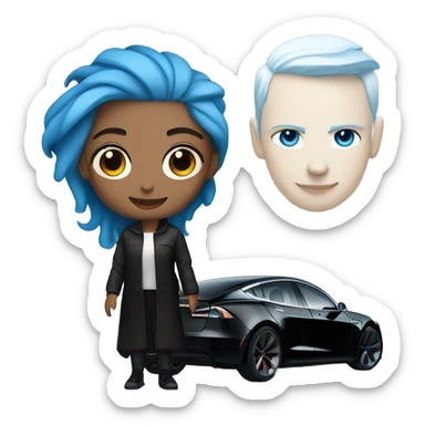 white skin girl with blue hair in black clothes standing next to tesla car sticker