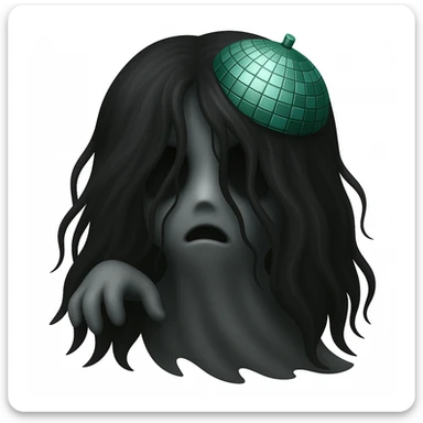 Turn the girl with green disco ball into a ghost, using the reference photo for ghostly hair and pose, keep the disco ball green, in the style of emoji style. sticker