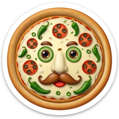 Complete Pizza with two red pepperoni eyes, a mushroom nose, and a mouth, mustache, and eyebrows made out of green peppers sticker