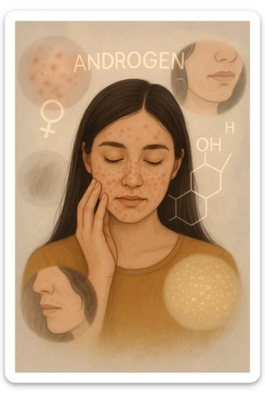 A young woman is surrounded by faint overlays of hormonal symbols and androgen molecules, with shadowy images of acne, facial hair, and oily skin projected around her, symbolizing the symptoms of PCOS with androgen excess. She looks down, gently touching her face with a resigned but hopeful expression, symbolizing her journey toward managing these symptoms. in italiano sticker