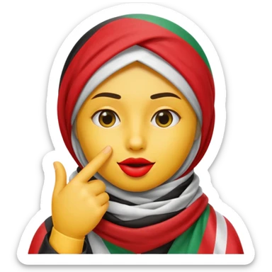 yellow emoji face finger to lips in shh pose wearing Palestinian keffiyeh with Palestinian flag colors subtly included in scarf design sticker