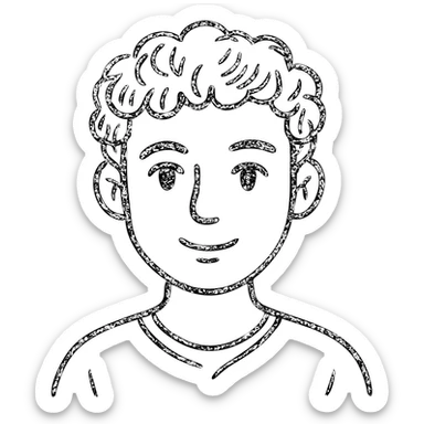 good looking young adult boy with brown curly hair and brown eyes, hand drawn outline icon sticker