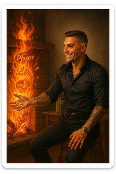 Enlightened man throwing antidepressant pills into fireplace, flames consuming what he sees as chemical poison, expression of liberation from psychiatric medication, Big Pharma logos melting in the fire, natural healing books spread on table behind him, pharmaceutical slavery being broken through pill destruction, mental clarity returning as drugs burn sticker