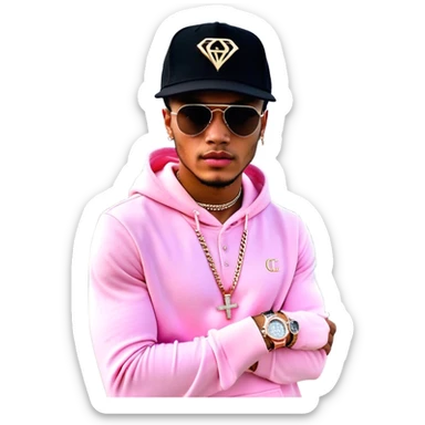 1 person standing in front of a private plane and a rolls Royce. His name is Josh king Madrid. He is wearing a “JETSET” diamond pendant, 3 diamond sparkly tennis chains, iced out diamond rose gold ap watch , black hat that says “JETSET” , pink hoodie that says “JETSET” instead of Gucci. Phone in hand with virtual money $$$ symbol and gold symbol notifications flying out of it holographically  sticker
