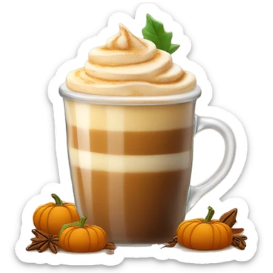 A pumpkin spice latte with leaves around it in a glass coffee mug sticker