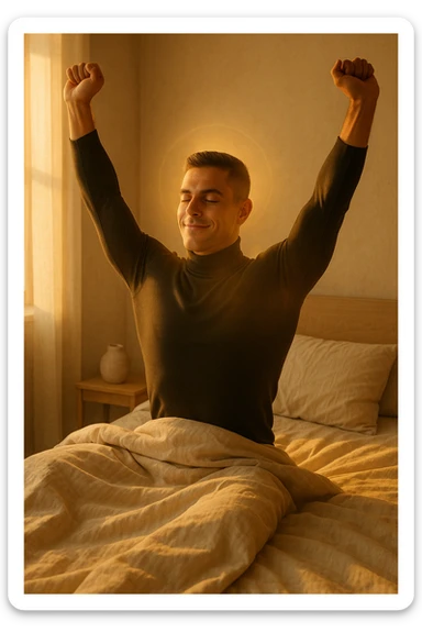 A cinematic photo of a man stretching in bed just after waking up, the morning sunlight flooding the room. His skin glows slightly, expression rested and serene. Muscles subtly defined, energy flowing through his posture. The air is filled with a golden calm. A symbolic glow surrounds his head and chest, representing mental clarity and physical recovery. The scene is clean, natural, minimalist. Rich in textures and realistic warmth. sticker