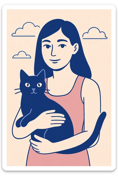 pretty woman with black hair and brown eyes, wearing a pink tank top, holding a black cat, modern flat illustration style sticker