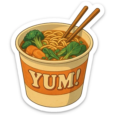 cyberpunk futuristic, scifi, a bowl of delicious veggie , ramen, 1990s, paper cup, classic style branding, with chopsticks, empty background, brand name: YUM! sticker