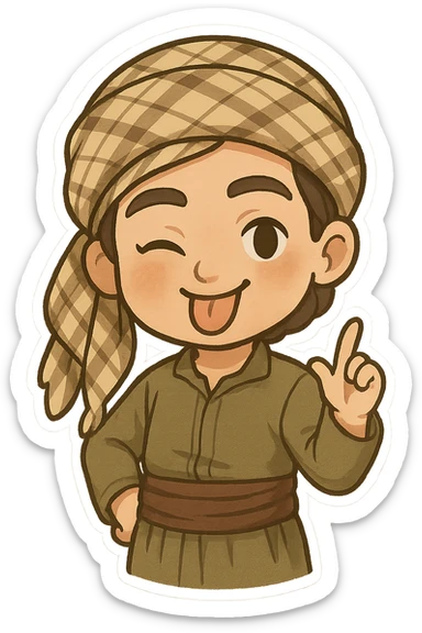 Kurdish man or woman in jamadani, cartoon style, playful teasing gesture, sticking out tongue or winking, no text sticker