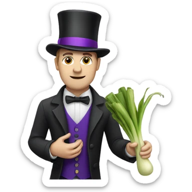 White man wearing a Top Hat with a purple band holding a leek sticker
