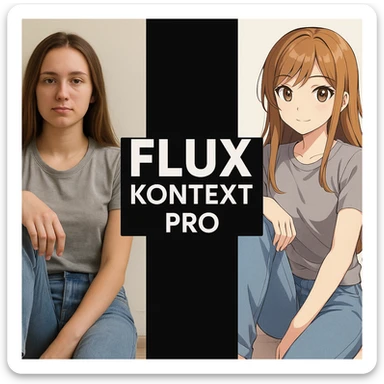 create before after image of a girl before is realsitic photo, after is anime version of her in same pose and clothes, add logo with text of a "FLUX Kontext Pro" in middle in big, black background sticker