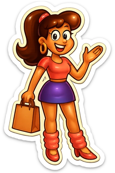 Change the hair color to brunette while keeping the valley girl holding a shopping bag, crop top, miniskirt, leg warmers, and bubbly smile. sticker