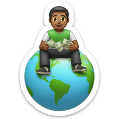 man sitting on globe with money bag sticker