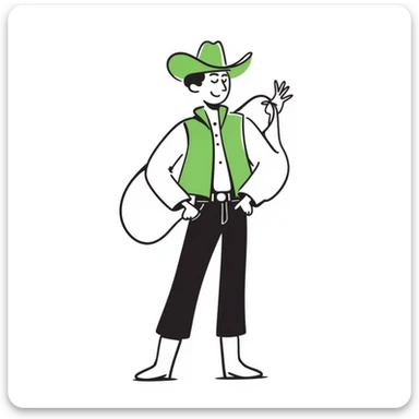 Cowboy wearing a bright green hat with no star, lasso in hand, western outfit sticker