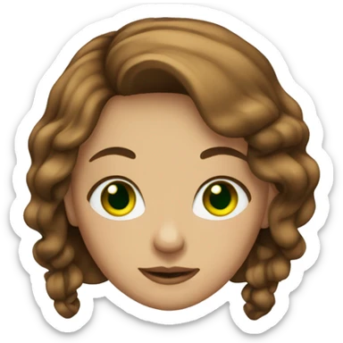 a girls with green eyes, brown hair and gold jewery sticker