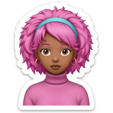 black fluffy haired girl with pink turtleneck sweater and pink hair band sticker