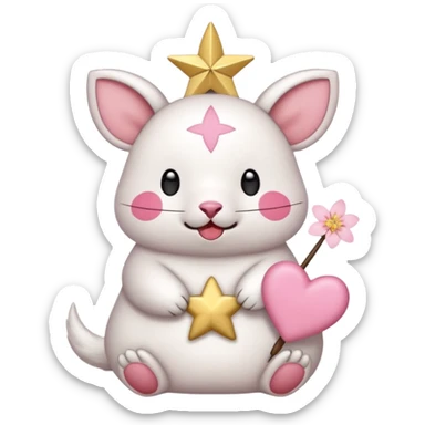 GENERATE ME A MOMONGA WHITE ANIMAL  FROM CHIIKAWA AND PUT A SAKURA FLOWER ON HIS HEAD AND A STAR PELT ON HIS BELLY AND A HEART PURSE ON HIS ARM WITH HIS FACE MAKE HIS TOUNGE STICK OUT WITH A LITTLEPINCH OFDROOL sticker