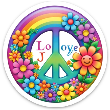 A round psychedelic colored button that says love, peace, and joy, with rainbow colored hippie style flowers sticker