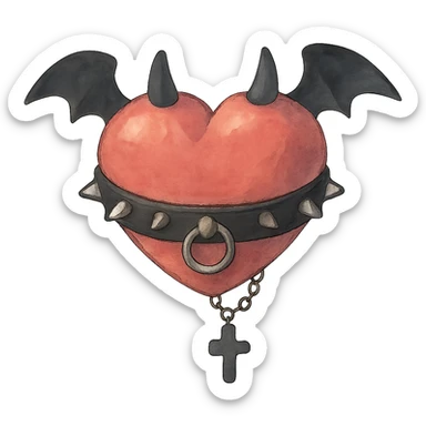 a heart with goth accessories, soft and painterly ghibli style sticker