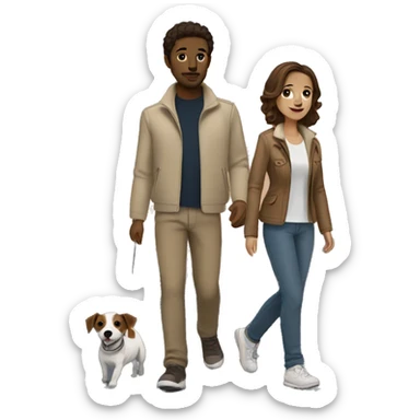 Couple with brown hair and beige jackets and brown pants outfit on a late night walk with a jack russell terrier sticker