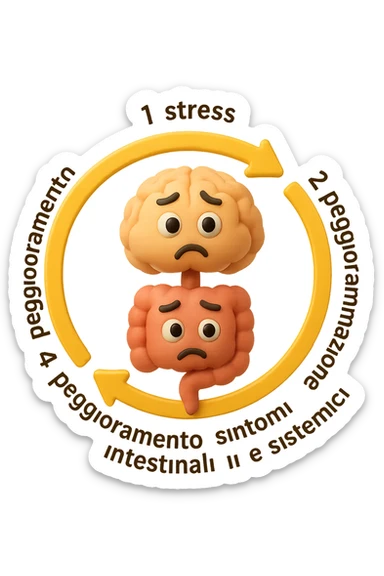 EMOJI STILE IPHONE 3D DI un cerchio con queste scritte che girano intorno in ordine per come li ho scritti "1. stress → 2. peggioramento intestinale → 3. aumento infiammazione → 4. peggioramento sintomi intestinali e sistemici." al centro del cerchio metti un cervello e intestino umani collegati verticalmente con espressione dubbiosa in volto, FALLO MOLTO REALISTICO IN 3D sticker