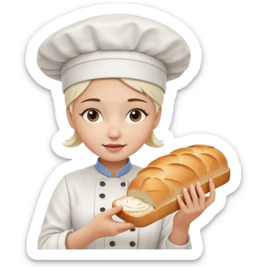 Young female baker - white chef hat, squeezing white cream pattern on bread sticker