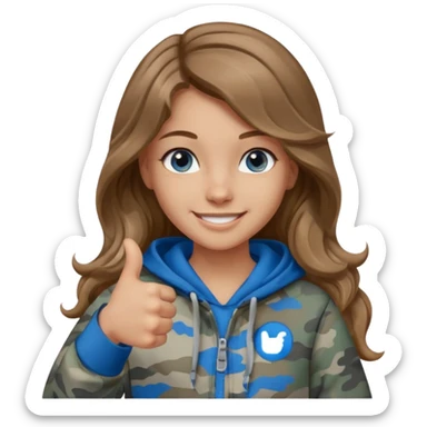 Girl with long wavy light brown hair, blue eyes , medium skin tone, wearing a gray camo hoodie  giving a thumbs up sticker