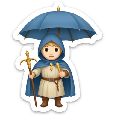 vorrei un piccolo pellegrino medievale in stile stickers sotto la pioggia con un grande ombrello sticker