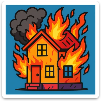 a house with smoke and fire, expressive illustration, dynamic, bold colors sticker