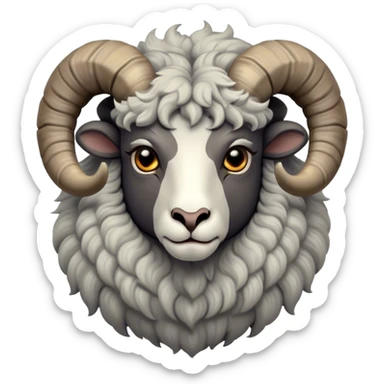 Cinematic Noble Ram Portrait Emoji, Poised and regal, with a sturdy, powerful build and a thick, woolly grey fur adorned with impressively curled horns, deep-set soulful dark eyes, Simplified yet sharp and sophisticated features, highly detailed, glowing with a soft, dignified glow, high shine, intelligent and commanding, stylized with an air of rugged majesty, focused and attentive, soft glowing outline, capturing the essence of a watchful and confident ram, so majestic it feels as though it could charge out of the screen with effortless authority! sticker