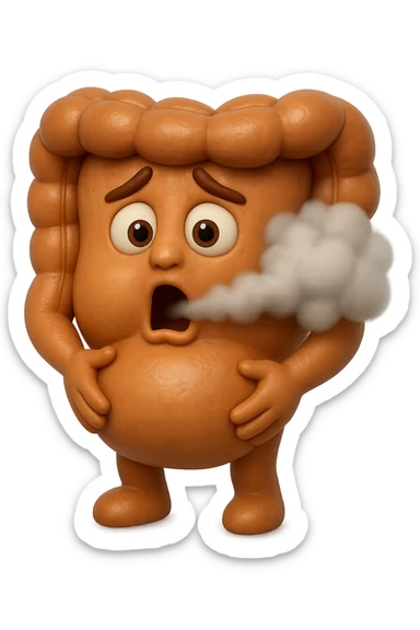 emoji stile iphone di un intestino che ingoia una nuvoletta di aria ben visibile e gli si gonfia la pancia, iperrealistico 4k sticker