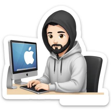 male coder with black hair, beard, and white skin, wearing a hoodie, sitting in front of a computer, focused on coding pc is not apple  sticker
