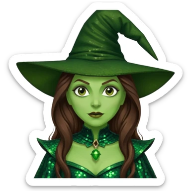 Wicked Witch of the West from the Wizard of Oz with long brown hair, dark green sequin outfit, green skin sticker