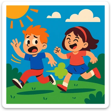 funny scene: boy escaping from a farting girl, cartoon, playful, energetic, vibrant toon style, colorful sticker