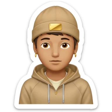 {
  "type": "human",
  "look": "male, tan hoodie, brown cap, gold jewelry, calm face, front view",
  "description": "a young man wearing a hoodie and cap, looking relaxed and confident"
} sticker