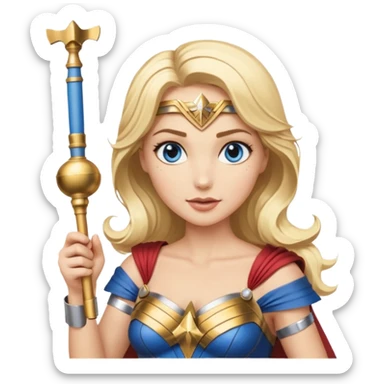 Blonde blue eyed Wonder Woman holding white orchestra conductor’s baton and bell sticker