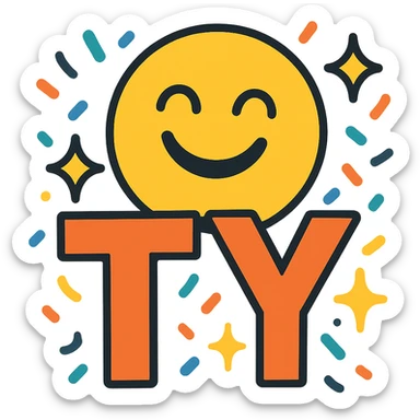 cheerful TY emoji with confetti and sparkles around the letters, designed for Slack reaction sticker