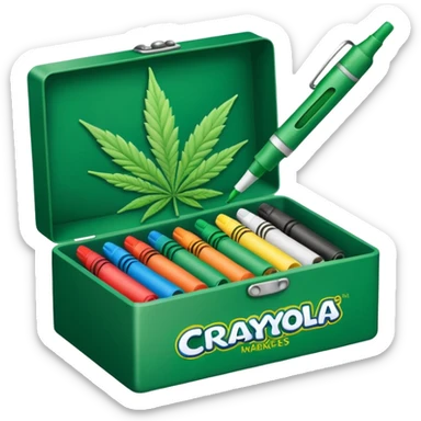 a box of crayola permanent markers with cannabis leaf sticker