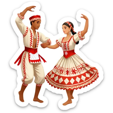 Cinematic Realistic scene of two performers engaging in the Croatian Linđo folk dance, adorned in vibrant traditional costumes with intricate patterns and accessories, captured in graceful, synchronized motion under festive natural lighting. sticker