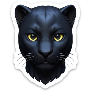 Cinematic Noble black Panther Portrait Emoji, Poised and regal, with a sleek, muscular build draped in glossy, midnight-black fur and piercing, luminescent eyes, Simplified yet sharp and sophisticated features, highly detailed, glowing with a soft, mysterious glow, high shine, intelligent and enigmatic, stylized with an air of stealthy authority, focused and commanding, soft glowing outline, capturing the essence of a watchful and confident jungle guardian that appears ready to prowl out of the screen with effortless authority! sticker