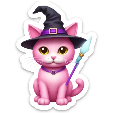 Pink kitty with wand and witches hathat sticker