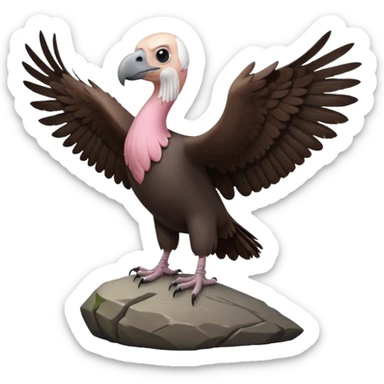 a vulture — large bird with dark brown feathers, bald pinkish head, curved beak and sharp eyes — standing proudly on a rock — wings slightly open — realistic yet cute cartoon emoji look, clean lighting, soft shadows. sticker