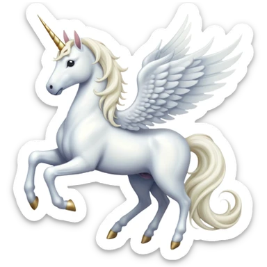 All white Cinematic Noble Unicorn with wings, slender with a flowing mane and tail and spiraled horn sticker